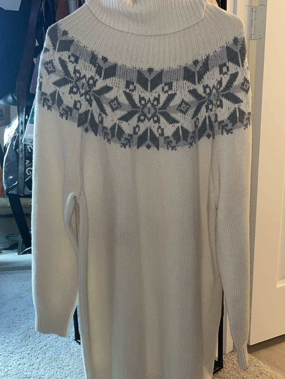 Lauren Ralph Lauren Turtleneck Fair Isle Sweater Dress in Cream and Gray